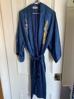 Vintage Blue Dragon & Floral Embroidered Kimono Robe